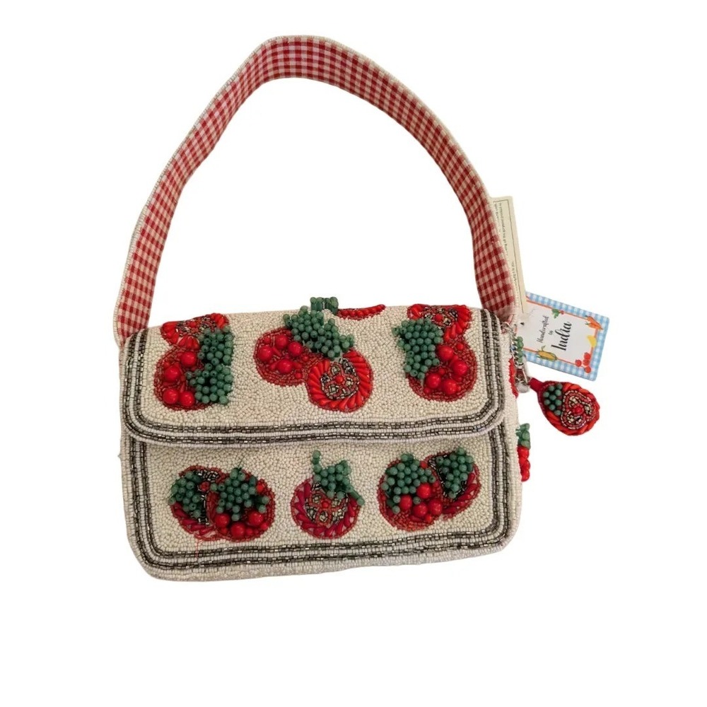 Handcrafted Viral  Beaded Tomato Shoulder Bag Gingham Strap Interior NWT